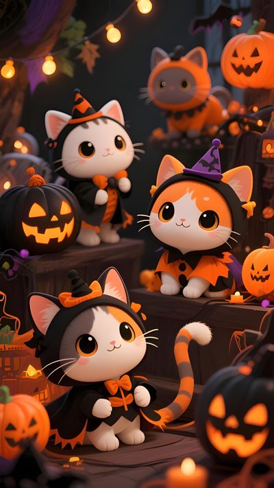 a group of cats dressed up in halloween costumes with pumpkins and jack - o'- lanterns Halloween Cartoon Iphone Cute Halloween Pictures, Sugar Skull, Free Halloween, dark slate gray