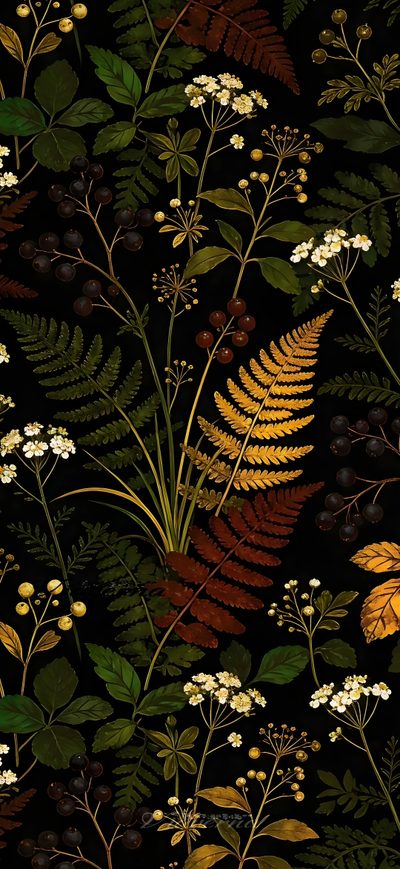 an image of plants and flowers on a black background that is seamlessly grouped together Halloween Plant Flower Green, Black And Olive Green, Dark Subtle, Plant Phone, Rustic Phone,