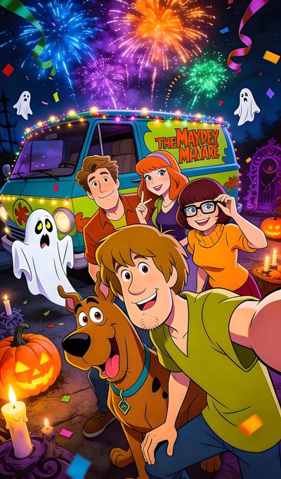 the scooby movie poster for halloween with people and their dog in front of a van Scooby Doo Halloween Iphone Scooby Doo, Scooby Doo 1969, Scooby Doo Halloween, saddle brown