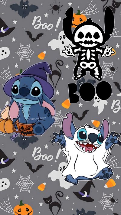 two cartoon characters on a gray background with pumpkins and jack - o'- lanterns Kawaii Kawaii Cute Stitch Halloween Moving Iphone, Castlevania, Halloween Backgrounds, dim gray