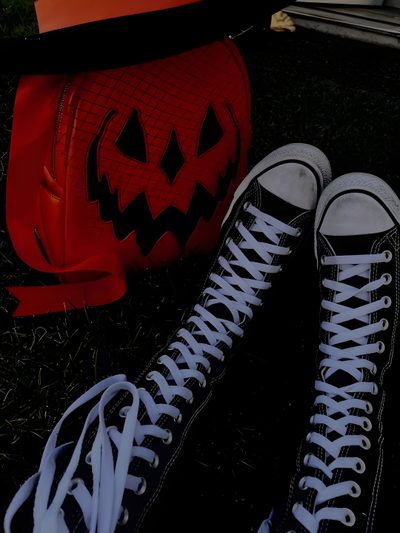 two pairs of black and white converse shoes sitting on the ground next to a pumpkin bag Halloween Retro Shoes With Pumpkins Spooky Emo, Halloween Y2k, Halloween Core Aesthetic, black
