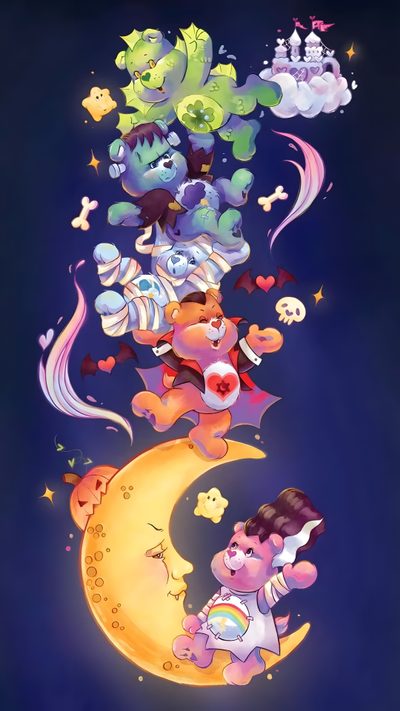 an image of teddy bears flying over the moon Care Bear Halloween Care Bear Tattoos, Care Bears Vintage, Care Bears Cousins, Halloween Cute, midnight blue