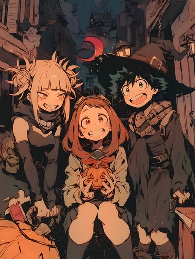 three anime characters sitting on the ground in front of an alleyway with pumpkins Aesthetic Mha Halloween Mha Halloween, Ochako Halloween, Toga X Uraraka X Deku, dark slate gray