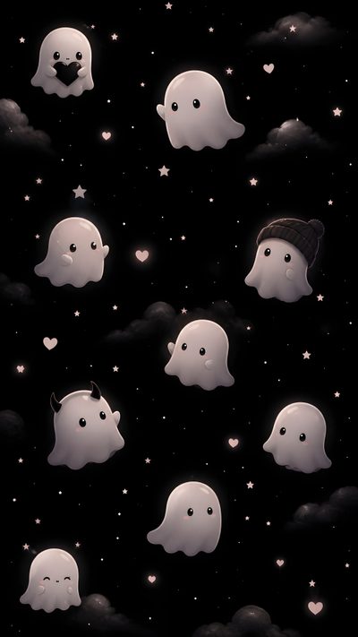 there are many ghost heads floating in the night sky with stars and hearts around them Halloween Ghost For Walls Gothic Cute Aesthetic, Cute Baby Ghost, Spooky Vibes Aesthetic, Cute Witchy, black