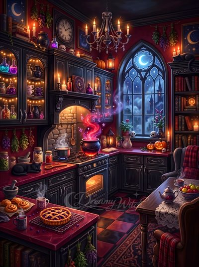 a painting of a kitchen filled with lots of food Halloween Kitchen Witch Room, Vibes Art, Magic Aesthetic, Trendy, Witchy Decor, Creepy Art, black