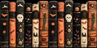a row of old books with halloween decorations and bats on them, lined up against a black background Halloween Bookshelf Halloween Spooky Books Library, Halloween Laptop, Halloween Desktop Aesthetic, dark olive green