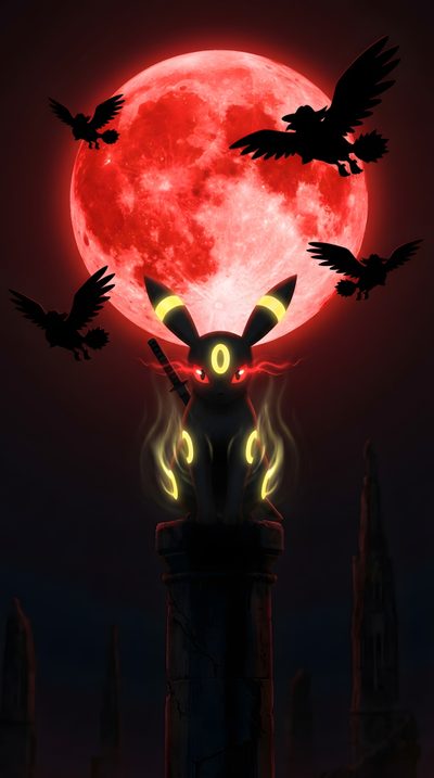 a red full moon with some black birds flying over it and a cat statue in the foreground Halloween Umbreon Umbreon Icon, Pokémon X, Naruto Art, Manga Illustration, Phone, Naruto, black