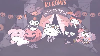 an animated halloween scene with cats, dogs and pumpkins in front of a sign that says kurom's haunted house Aesthetic Sanrio Halloween Computar, Cute Sanrio Desktop, Halloween For Tablet, Halloween Aesthetic Ipad, gray