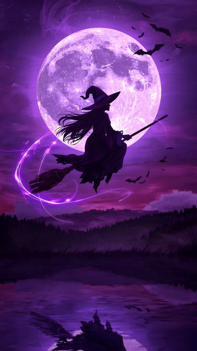 a witch riding on a broom in front of a full moon Halloween Witch Iphone Forest Witch, Witch Inspiration, Magic Witch, Spooky Sunset Painting, indigo