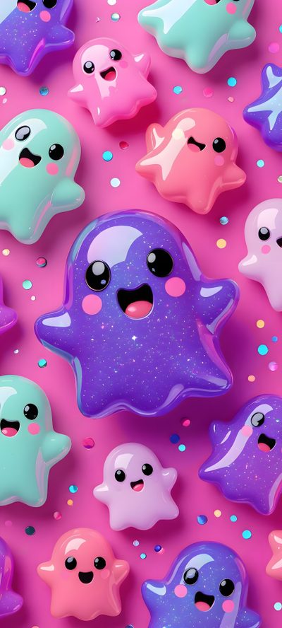 there are many little ghost cookies on the pink surface with confetti sprinkles Halloween Slime Pink Ghost, Pink Fridge, Phone Pastel, Henna Art Designs, Color Iphone, Jelly, medium orchid