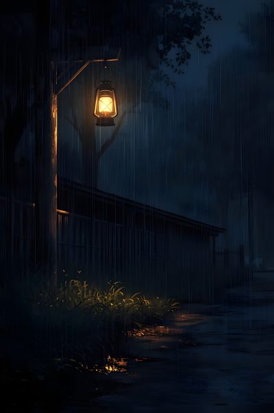 a street light sitting on the side of a road in the rain under a tree Rainy Halloween Night Sky Phone Images, Night Rain Background, Dark Nature Aesthetic, Rain And Thunder, black