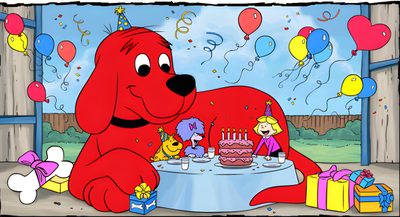 a cartoon dog sitting at a table with a birthday cake and balloons in the background Clifford Halloween Cartoon Themed Birthday Decorations, Clifford Birthday Celebration, Clifford The Big Red Dog Birthday Party, dark gray