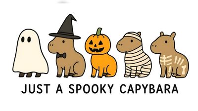 a group of animals wearing halloween costumes with the words just a spooky cavybra Capybara Halloween Halloween Capybara, Color, Capybara Halloween, Halloween Capybara Drawing, Halloween, white