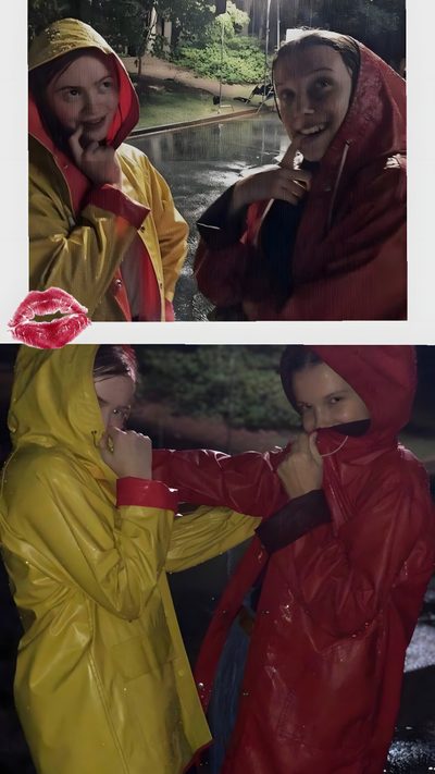 two women in raincoats standing next to each other and one is brushing her teeth Matching Stranger Things And Halloween Characters Max And Eleven Halloween Costume, Eleven And Max Halloween Costume, Eleven And Max Costume, dark olive green