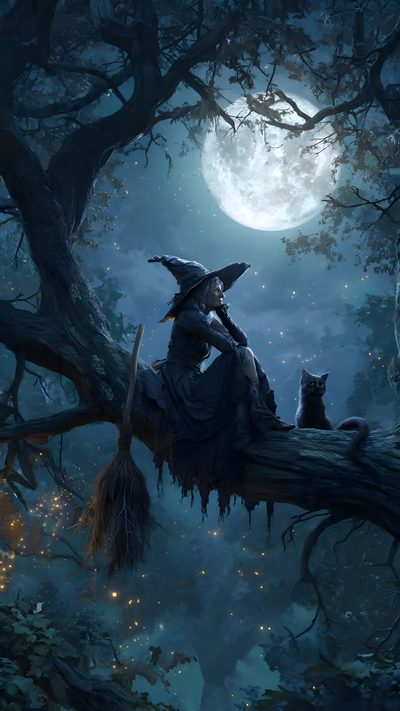 a witch sitting on a tree branch with her cat Halloween Witch Iphone Pictures Of Witches, Witchy Artwork, Witch Cat Art, Witch Pictures, dark slate gray