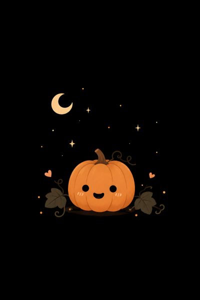 an orange pumpkin sitting on top of a black surface with leaves and stars around it Pumpkin Pumpkin Cute Halloween Cute Halloween Aesthetic, Happy Halloween Pictures, Pumpkin, black