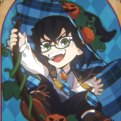 an anime character with green eyes and black hair, wearing a blue plaid shirt and holding a pumpkin in her hand Inosuke Halloween Inosuke Pumpkin, Demon Slayer Halloween Pictures, Demon Slayer Halloween Inosuke, dark slate gray