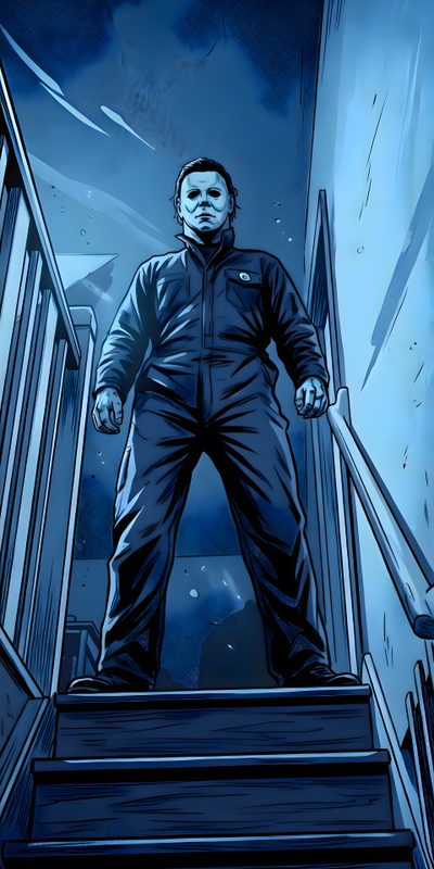 a man in overalls standing at the top of stairs Michael Myers Halloween Michael Myers Art, Scary Photos, Warrior Concept Art, Halloween Cute, midnight blue