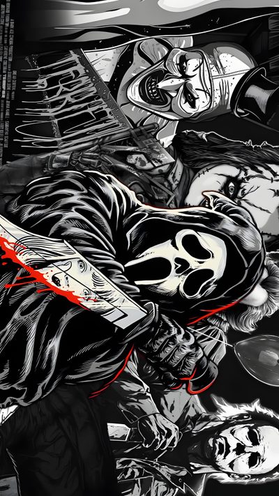 a black and white drawing of a person holding a snowboard in front of other people Halloween Scream Ghostface Cool, Ipad Horror, Cool Ghostface, 4k Pc Gamer, Chromebook, black