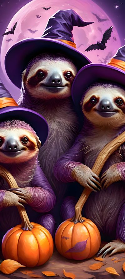 three sloths wearing witches hats and holding pumpkins Halloween Sloth Thanksgiving Sloth, Sloth Pumpkin, Halloween Monkey, Fall Sloth, dark olive green