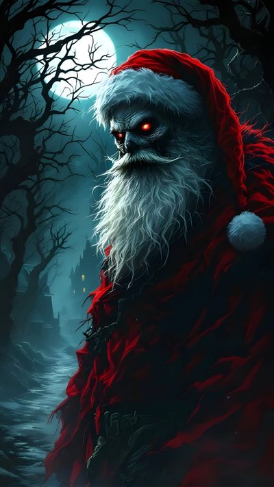a painting of santa claus in the woods at night with full blood on his face Halloween Santa Claus Evil Santa Claus, Grinch Images, Scary Christmas, Youtube Halloween, black