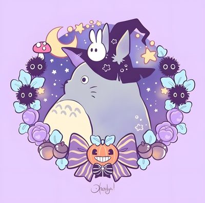 an image of a totoro surrounded by flowers and stars on a purple background Studio Ghibli Halloween Halloween Totoro, Studio Ghibli Christmas Pfp, Studio Ghibli Halloween, lavender