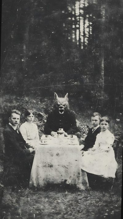 an old black and white photo of people sitting around a table with a dog on it Old Scary Horror Halloween Horror History, Old Creepy, Cool Horror, Black And White Monsters, dark slate gray
