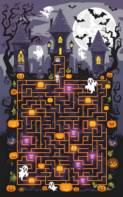 a halloween maze with pumpkins and ghost on it Halloween Maze Otomi Embroidery Playmat Halloween Maze Otomi Embroidery Playmat, Halloween Maze Drawing, Kids Halloween Maze, dark slate gray