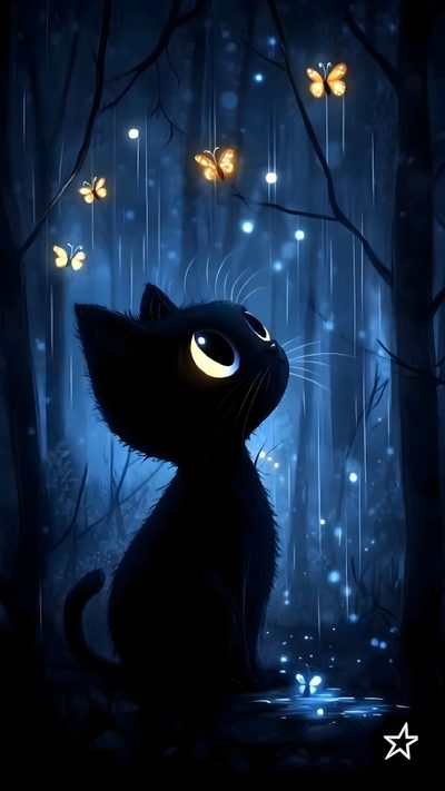 a black cat sitting in the rain with butterflies flying around it's head and eyes Halloween Cat Gif Good Night Cat, Cats Art Drawing, Cute Cat Illustration, Good Night Gif, Photo To Art, black