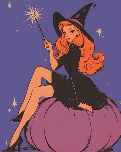 a woman sitting on top of a pumpkin wearing a witches hat and holding a wand Halloween Pinup Art Whimsical Art, Halloween Art, Image Halloween, Mystical Art, Comics Anime, dim gray