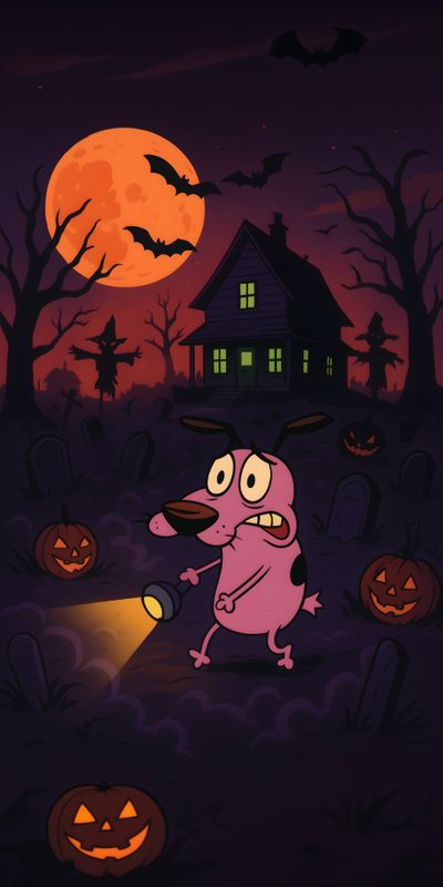 a cartoon character holding a flashlight in front of a house with pumpkins on the ground Cartoon Network Halloween Halloween Cartoon, Above And Beyond, Ghost, Sharon Stone, Halloween, black