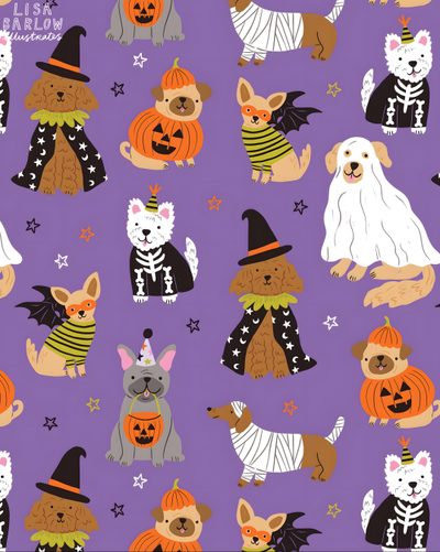 seamless halloween pattern with dogs in costumes and pumpkins on purple background for wallpaper Halloween Dog Background Halloween Pattern, Cute Halloween Illustration, Pusheen Cute, light slate gray