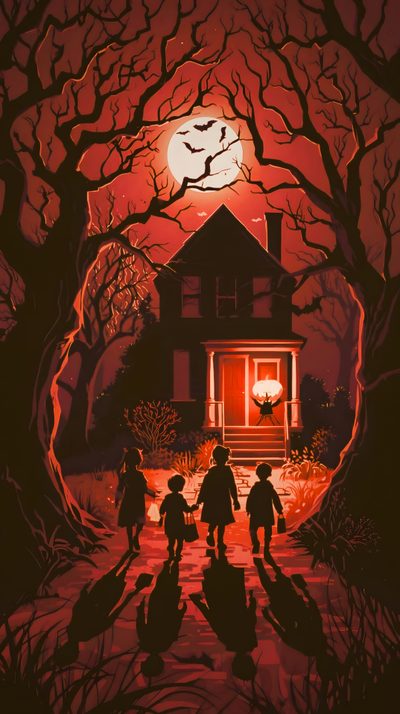three children are walking towards a creepy house Large Scale Halloween Trick Or Treats Trick R Treat, Trick Or Treat, maroon