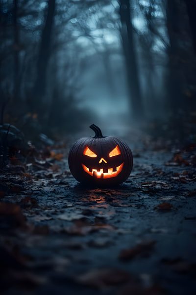 a jack o lantern in the middle of a forest Halloween Not Scary Spooky Images, Spooky Pumpkins, Pumpkin Halloween, dark slate gray