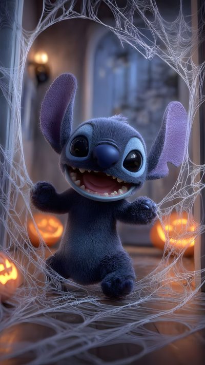 a cartoon character is standing in front of some pumpkins and looking at the camera Lock Screen Stitch Halloween Stitch Halloween Iphone, Cute Stitch Halloween, Halloween Stitch Photos, dim gray
