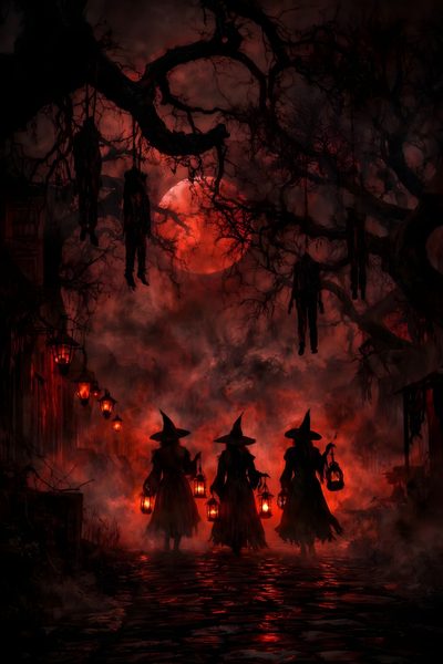 three witches walking through the woods at night with lanterns in their hands and full moon behind them Halloween Season Of The Witch Scary Witch Pictures, Dark Witch Background, Beautiful Architecture, black