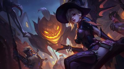 an image of a woman with a hat on holding a knife in front of a pumpkin Overwatch Halloween Overwatch Splash Art, Cassidy Halloween Skin, Halloween League Of Legends Skins, dark slate gray