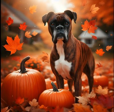 a dog standing next to two pumpkins in the leaves Halloween Boxer Dog Aussie Dogs, Boxer Dogs, Baby Dogs, Cute Dogs, Puppies, Dogs, saddle brown
