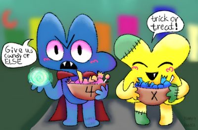 two cartoon characters one is holding a bowl and the other has a box with candy in it Bfdi Halloween Silly Images, Trick Or Treat, All About Time, Finding Yourself, dim gray