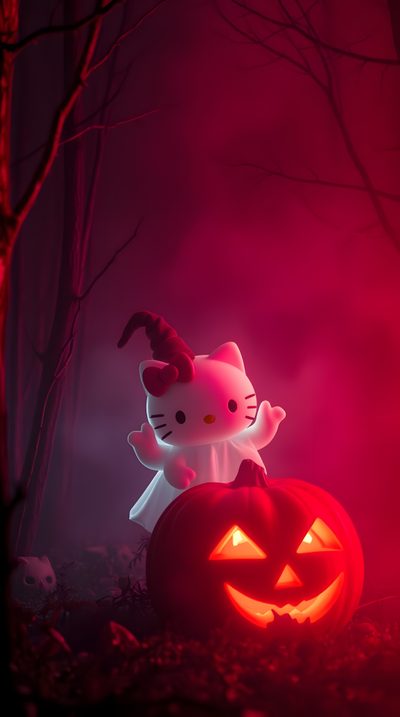 a hello kitty pumpkin in the woods with a cat on it's head and a jack - o - lantern Halloween Hello Kitty 3d Iphone, Hello Kitty, Cool Art, Halloween Hello Kitty Lockscreen, maroon