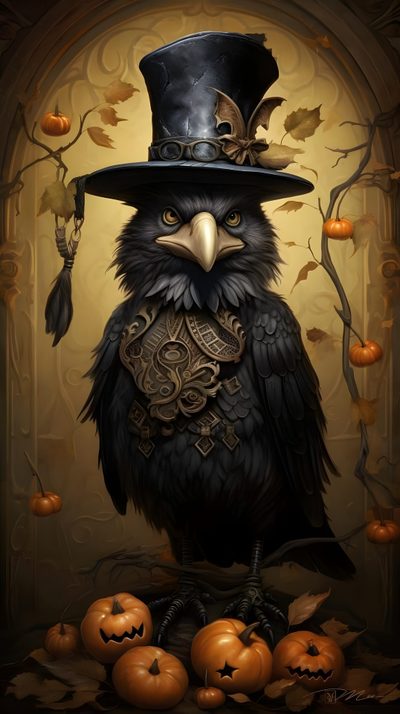an owl wearing a top hat and sitting on pumpkins in front of a golden background Halloween Steampunk Gothic Crows Tattoo Art, Gothic Art With Crow, Gothic Crow, dark slate gray