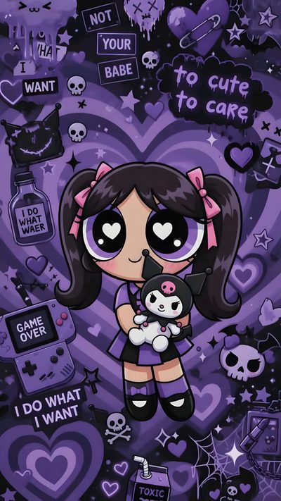 a cartoon character holding a cat on top of a purple background with skulls and hearts Halloween Purple Halloween Cute Kuromi Galaxy Iphone, Beautiful Dark Art, Galaxy, dark slate gray