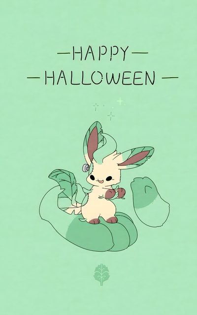 a cartoon rabbit sitting on top of a leafy green background with the words happy halloween Leafeon Halloween Leafeon Iphone, Leafeon Hd, Leafeon Background, Leafeon, Pokemon Leafeon, silver