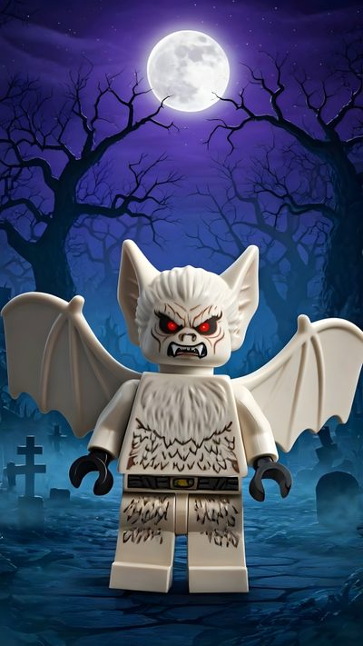 a lego figure with an evil look on his face and arms, standing in front of a cemetery at night Halloween Lego Digital Art Design, Lego Man Bat, Lego Universe, Lego Characters, Lego Worlds, dark slate gray