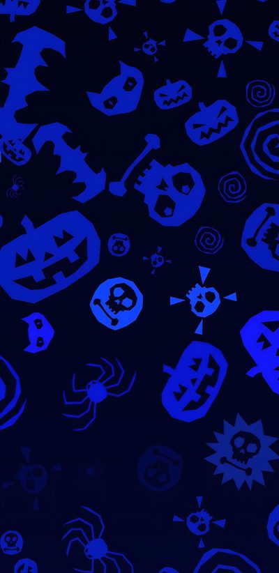 blue halloween wallpaper with skulls, bats and pumpkins on black background in the dark Navy Blue Halloween Bats Background, Blue Cute Halloween, Blue Halloween Iphone, Light Blue Halloween, black