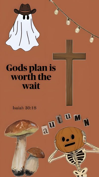 an image of a cross, mushrooms and a ghost with the words god's plan is worth the wait God Halloween Cute, Jesus, sienna