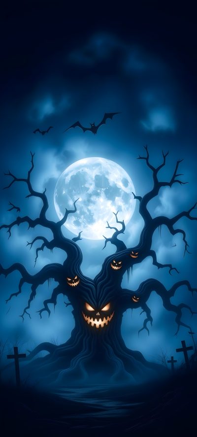 a creepy tree with pumpkins and bats in front of a full moon filled sky Halloween Tree Scary Halloween Backgrounds, midnight blue