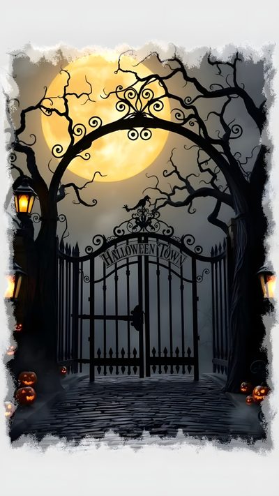 an image of a gate with pumpkins on it and the moon in the background Halloween Town Gate Nightmare Before Christmas, Nightmare Before Christmas Halloween, Spooky House, dim gray