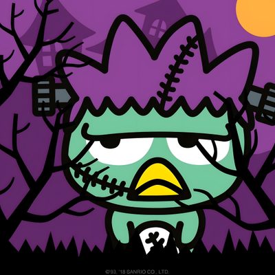 an angry bird in the middle of a forest with trees and houses on it's sides Badtz Maru Halloween Badtz Maru Winter, Badtz Maru Widget, Badtz Maru Beach, dark slate blue