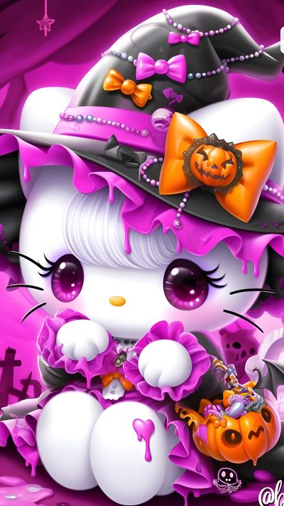 a cartoon cat wearing a witches hat and holding a pumpkin in front of a purple background Halloween With Hello Kitty In A Hat Of Hello Kitty Halloween, Cute Hello Kitty Halloween Gif, Hello Kitty Halloween Kawaii, medium orchid